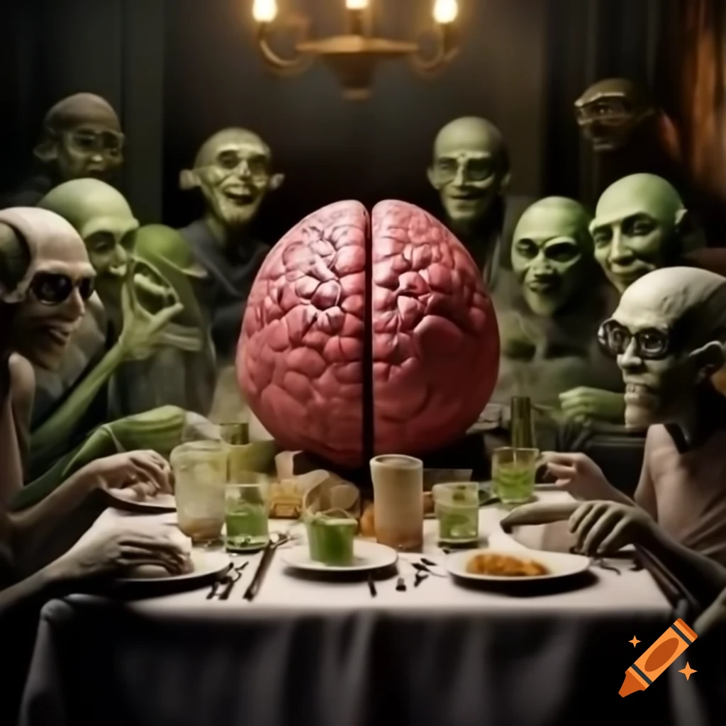 Realistic brain on dinner table surrounded by zombies