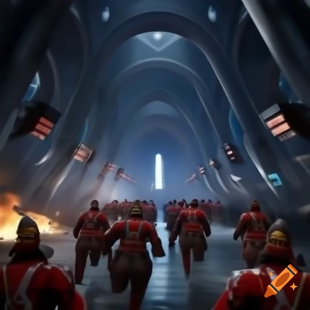 Futuristic scene of Timelords battling in a cathedral-like interior with explosions