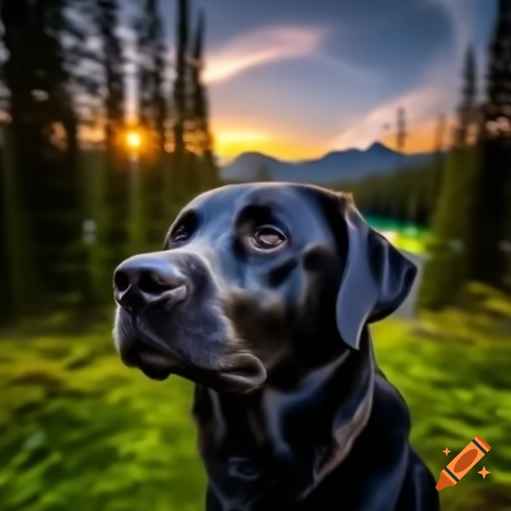 Black Labrador Retriever in forest with trees, front view