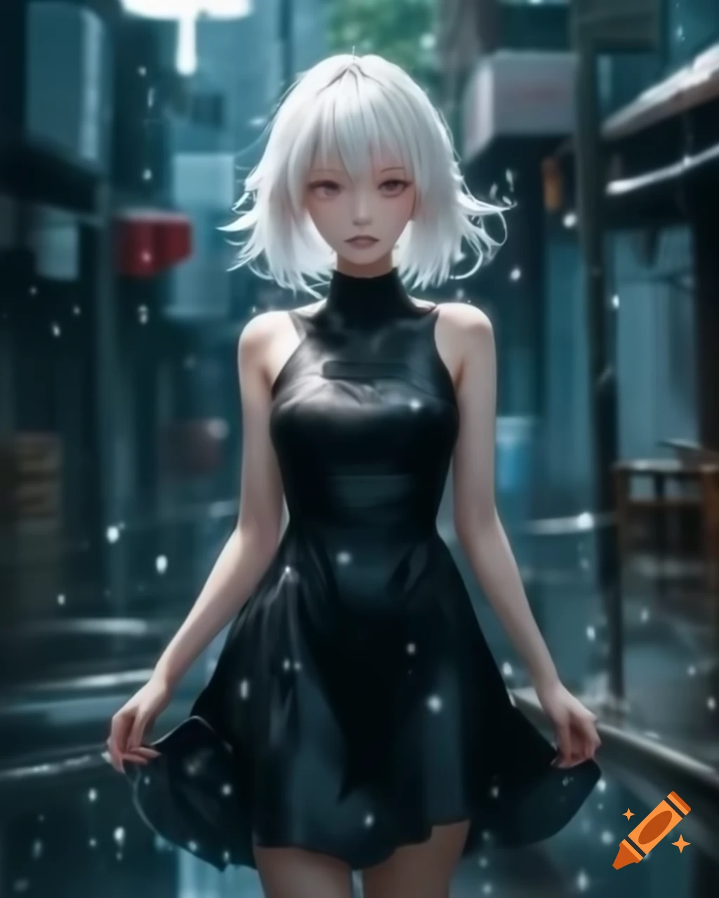 Anime woman with white hair in black dress on a rainy day, realistic style