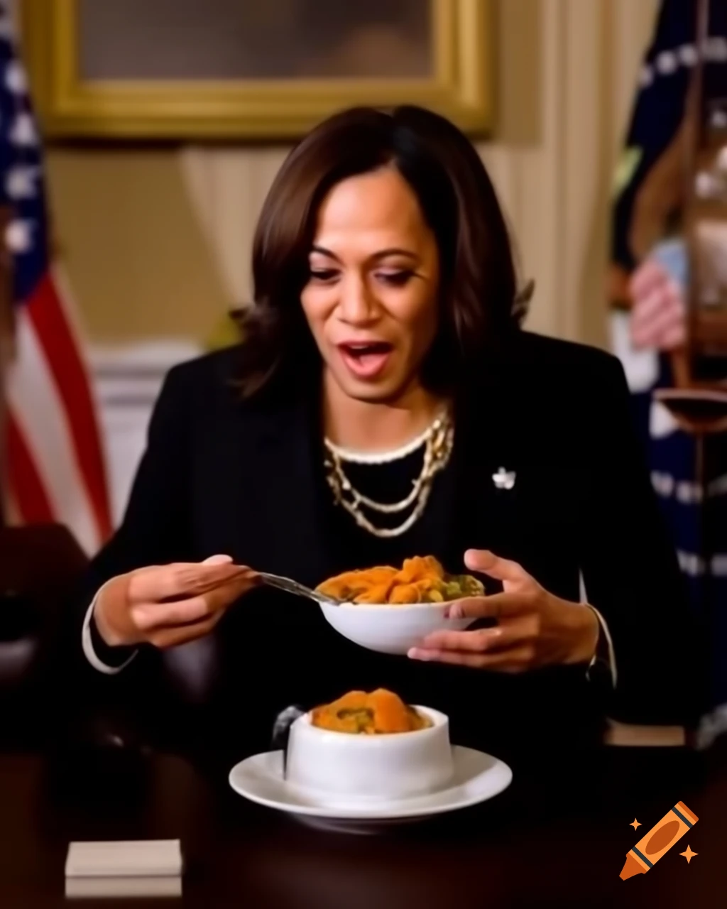 Kamala harris enjoying aromatic indian curry in the white house on craiyon