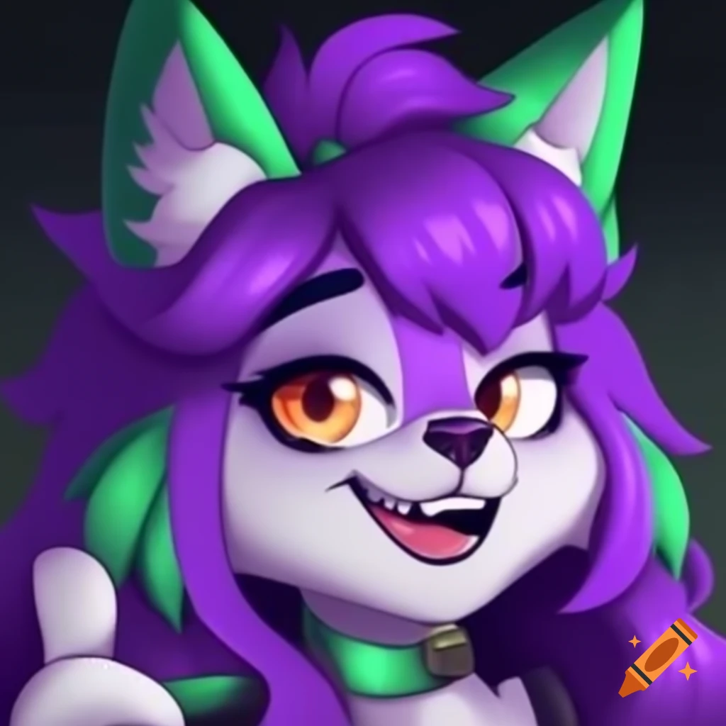 Anthropomorphic female wolf with purple and green hair giving thumbs up