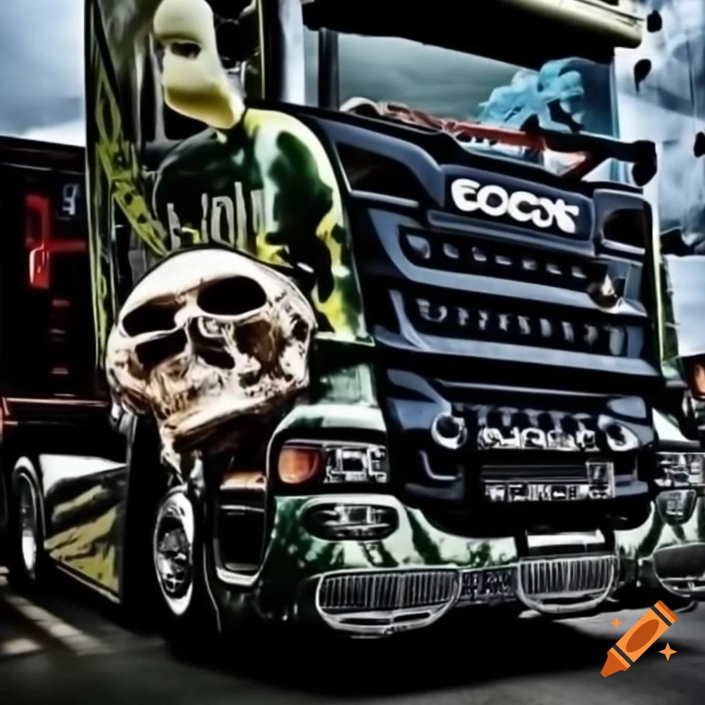 Scania truck featuring skull design on front