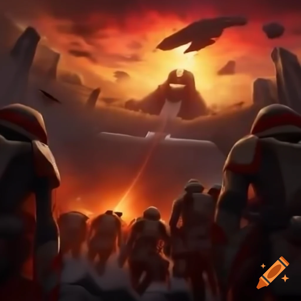 Gallifreyan Chancellery guards in battle with vortex explosions and futuristic debris