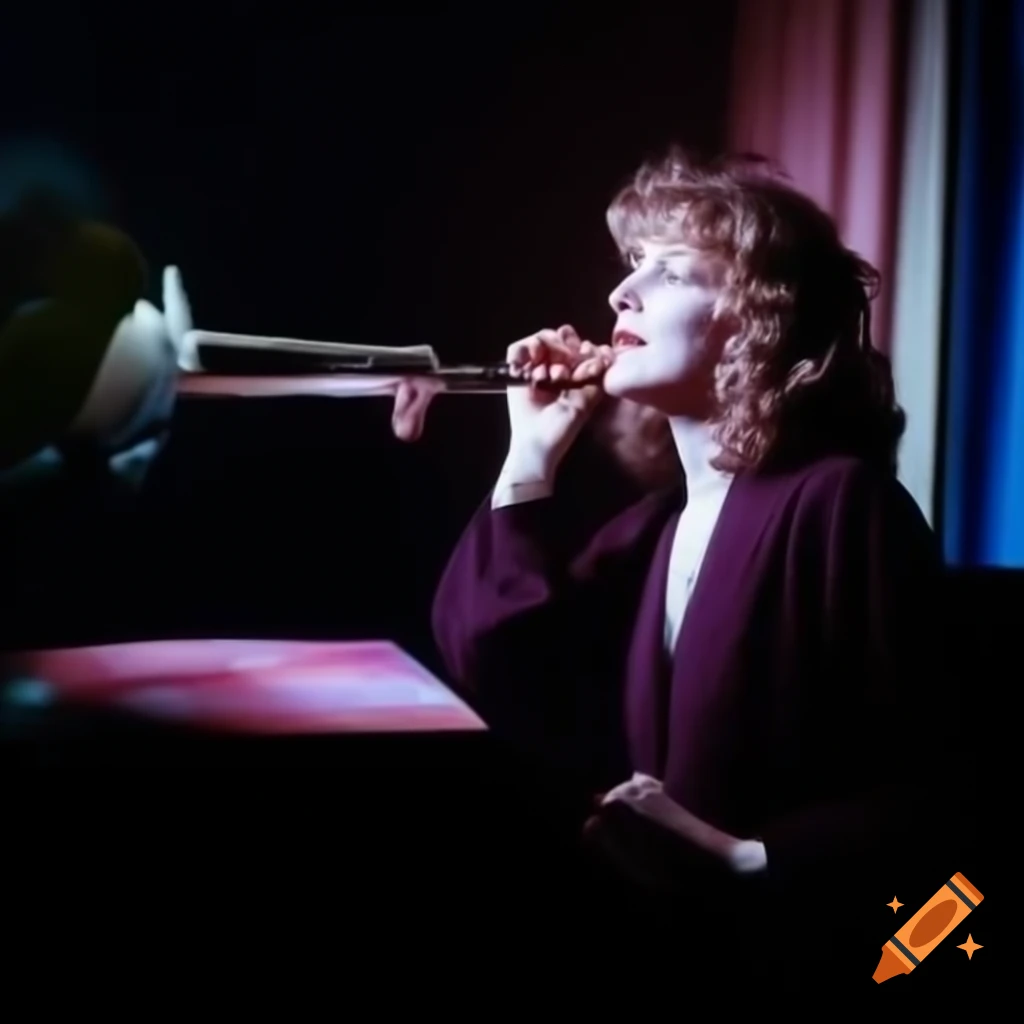 Dreamy scene of jazz singer with ghostly apparition and gramophone in living room with pink and blue lights