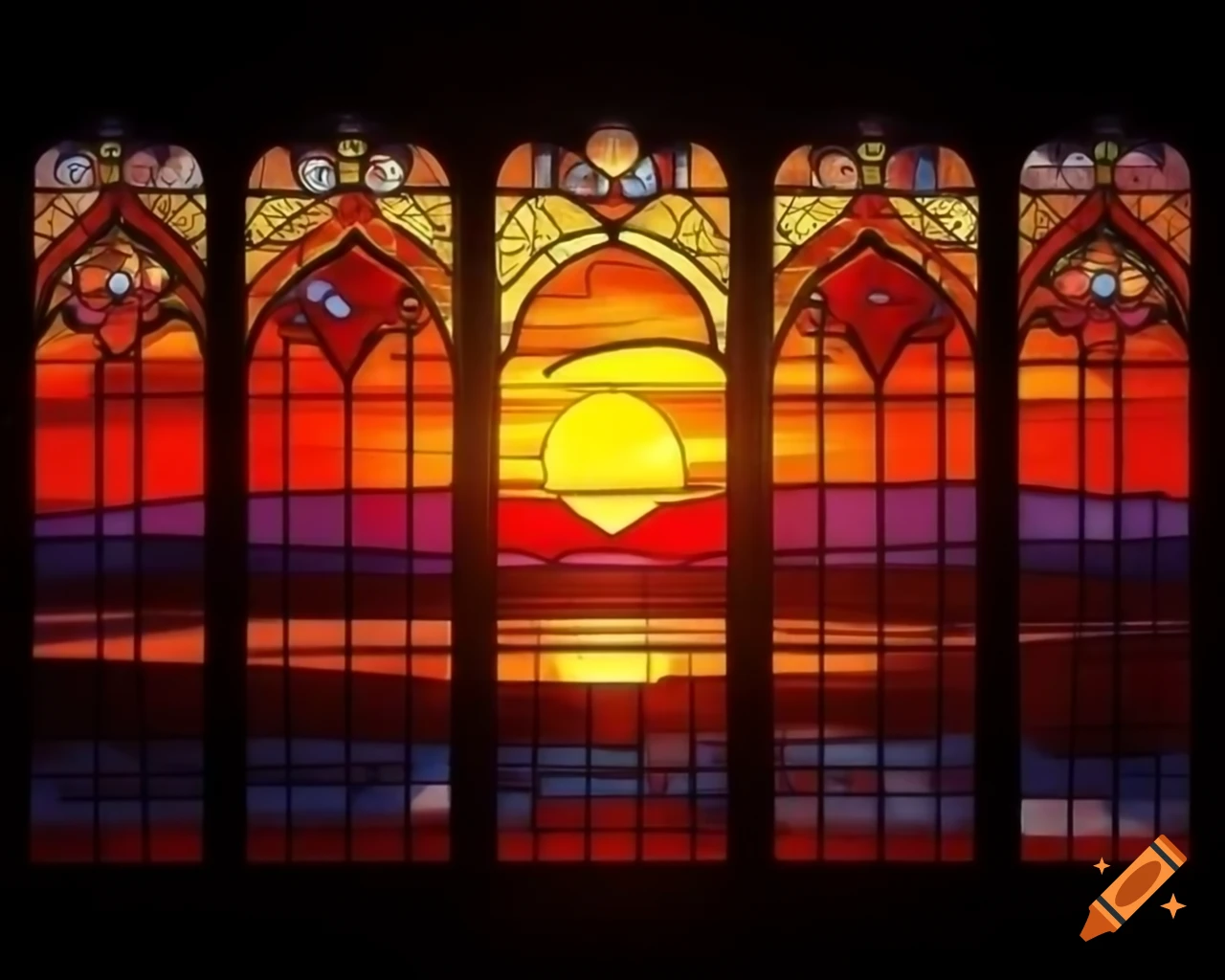 Stained glass art illustration during golden hour by Greg Rutkowski