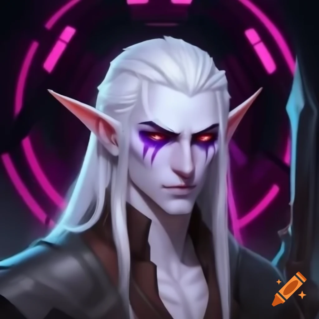 Hexblade Shadar-kai male elf with semi-long white hair and purple eyes holding a magic blade