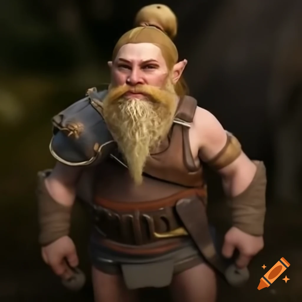 Dwarf woman with blonde braids and braided beard in leather armor