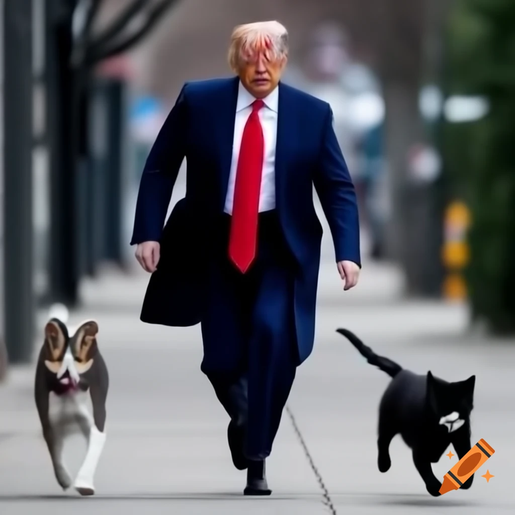 Donald Trump running with a kitten and a puppy in a city street