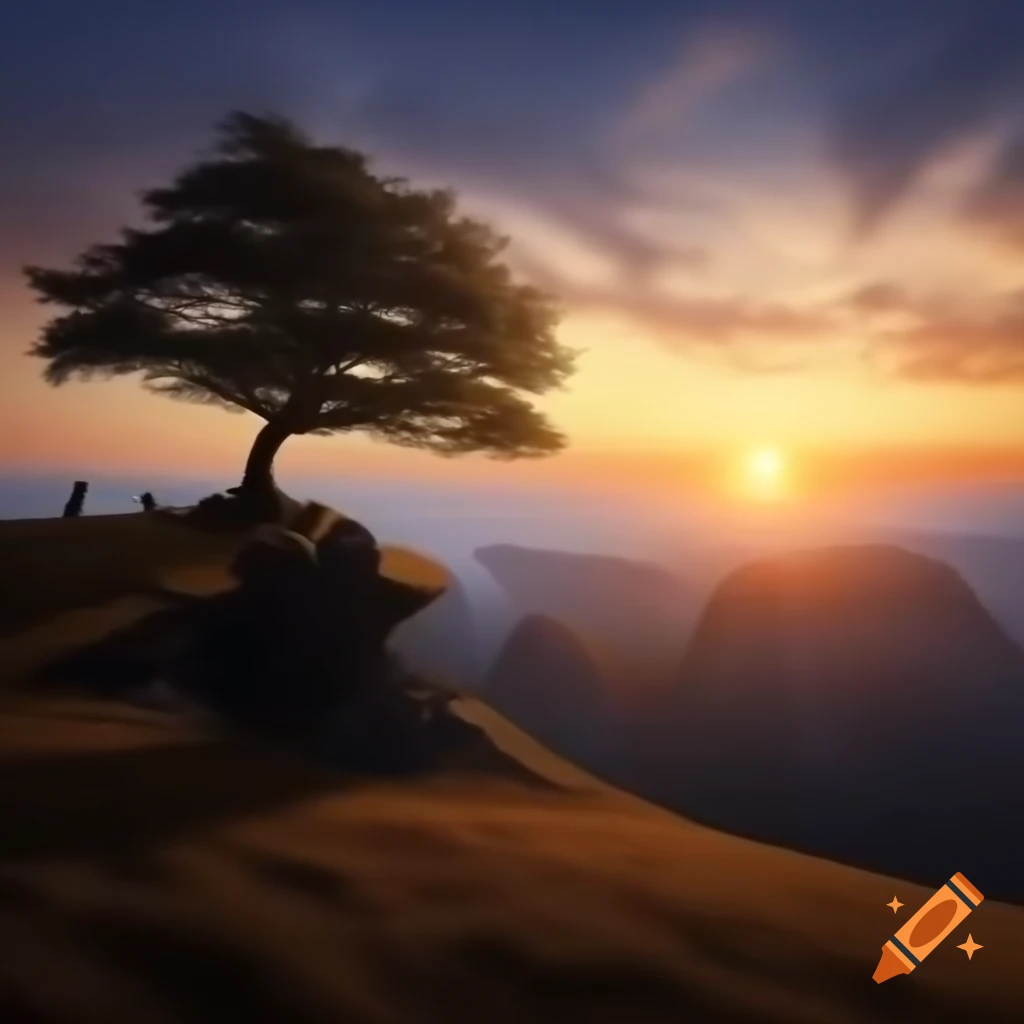 Silhouette of grave under tree on cliff at sunset