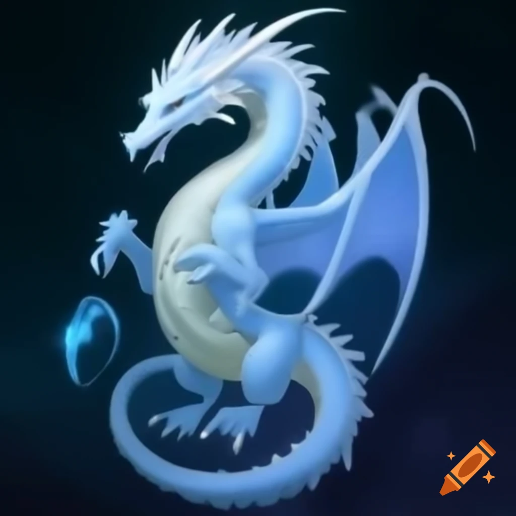 Full body of white frost dragon with white scales and electric blue mesh