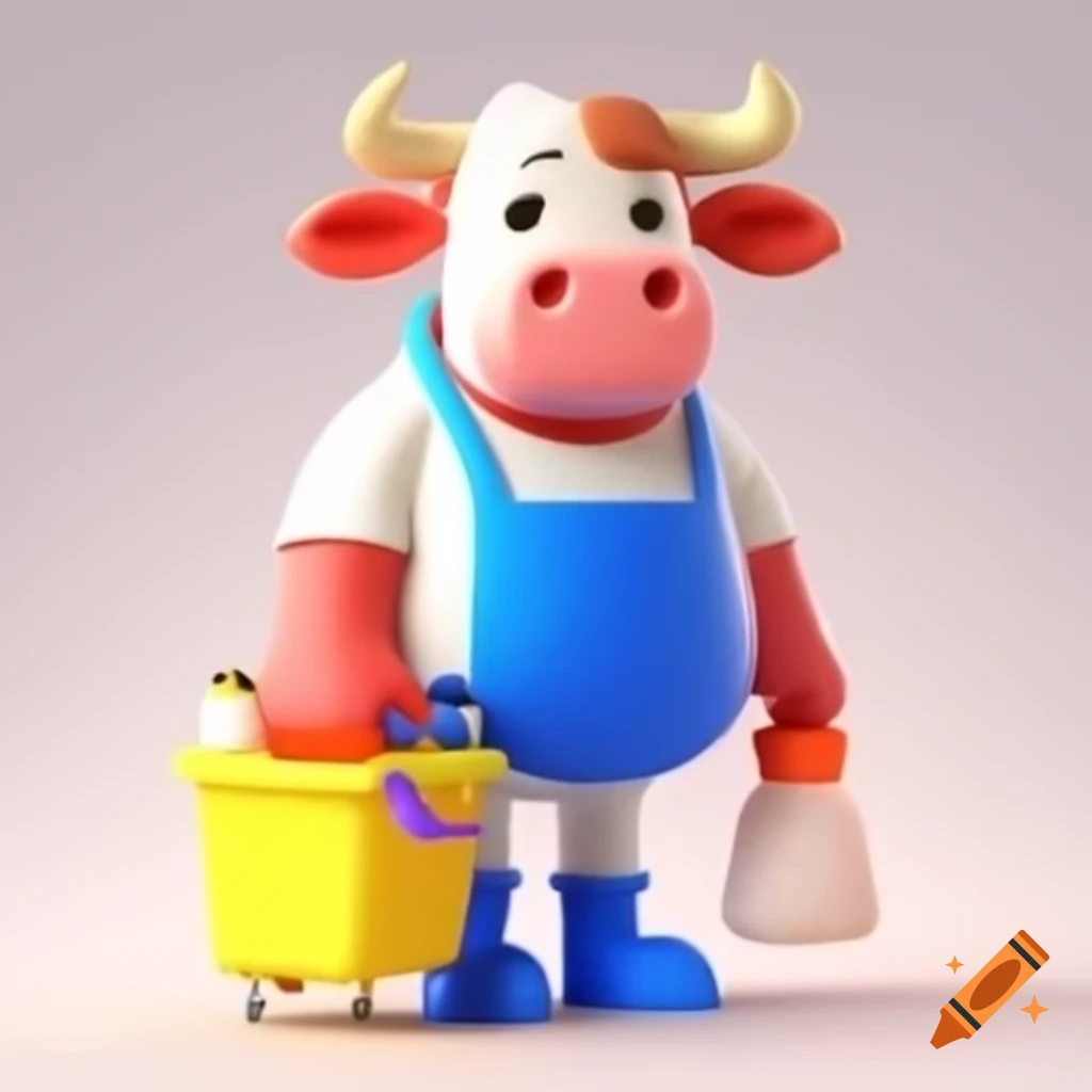 3D cow in apron and rubber gloves cleaning