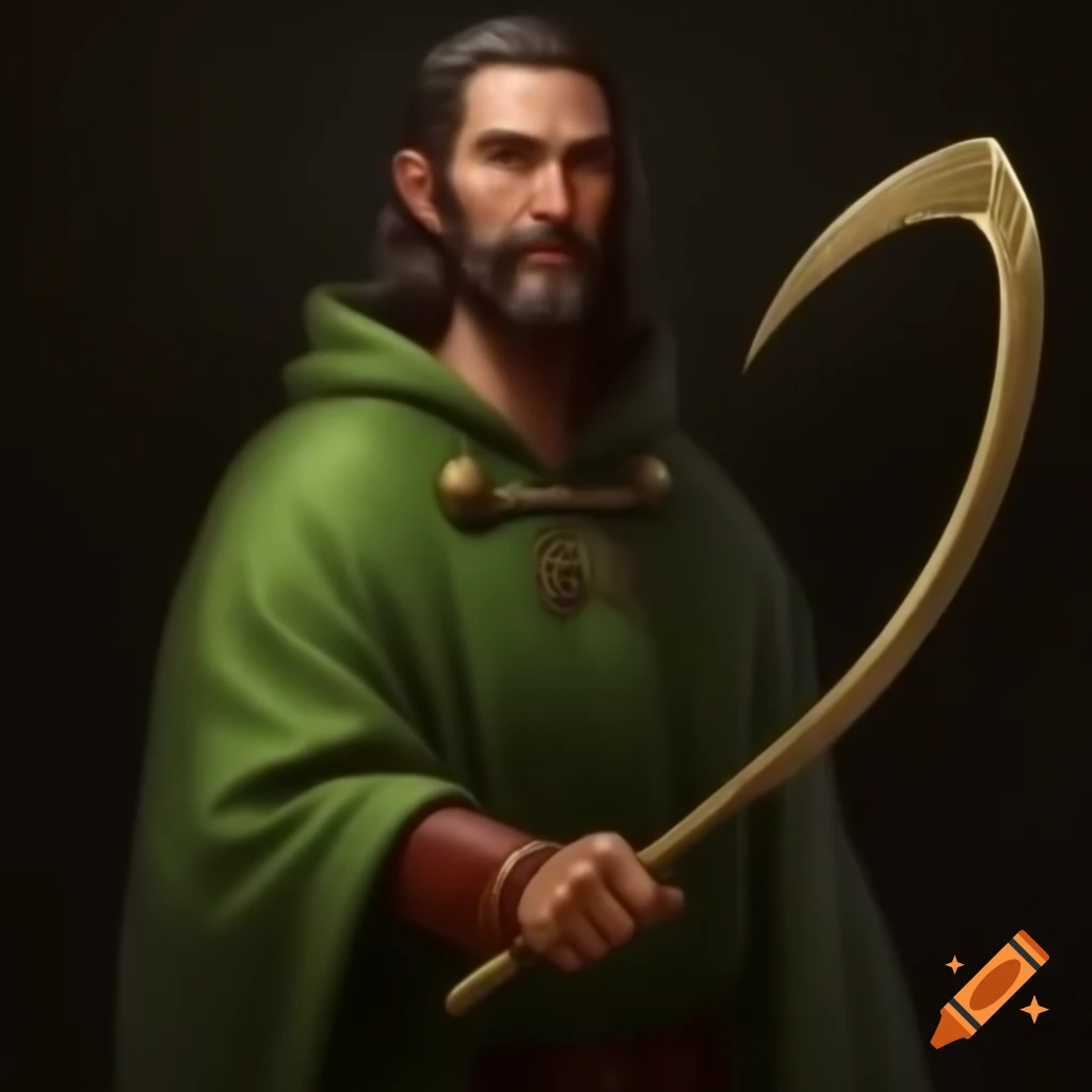 Alfred Molina as medieval alchemist in green robes holding brass sickle