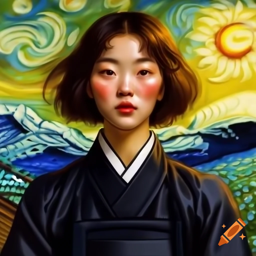 Stunning portrait of Korean woman in black, animated style inspired by Van Gogh and Rembrandt