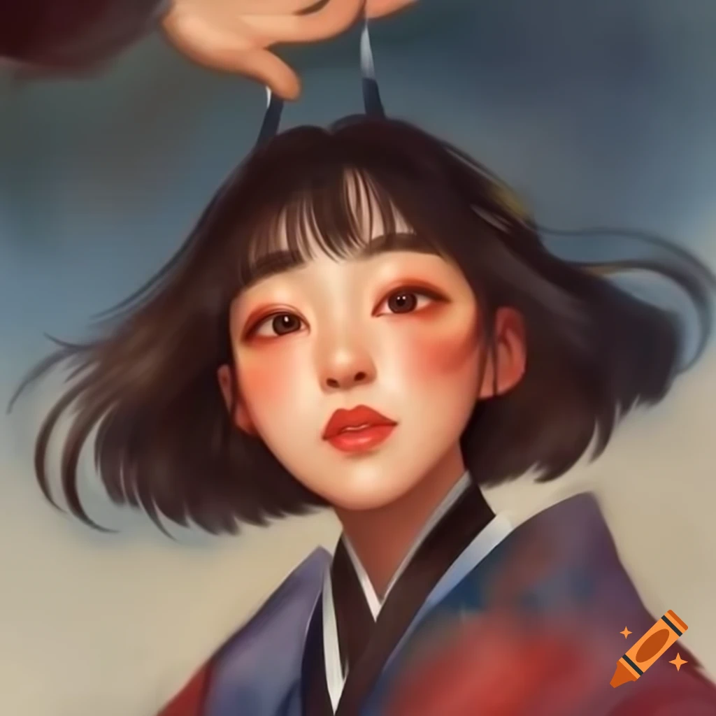 Detailed digital portrait of a charming Korean woman in watercolor style