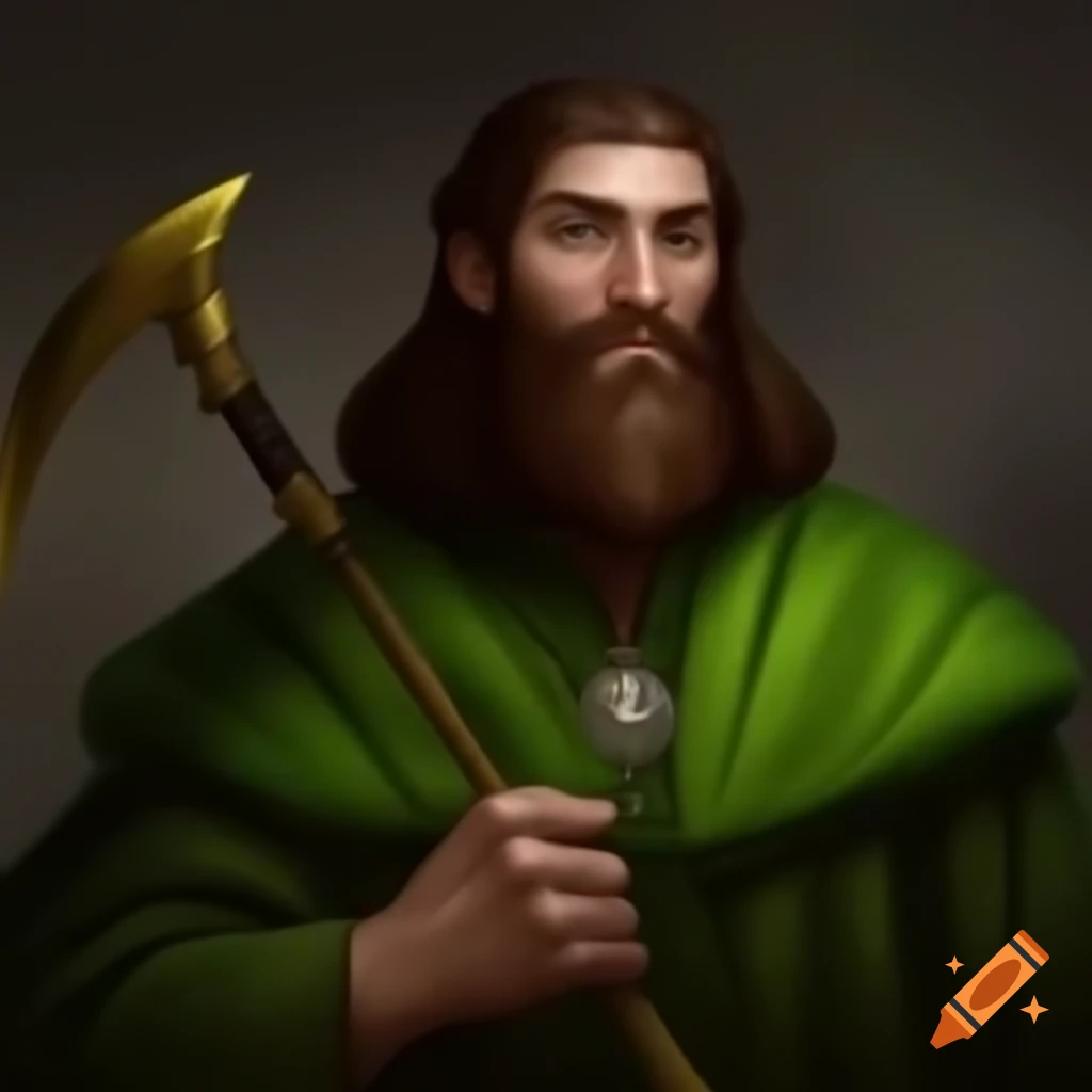 Alfred Molina as medieval alchemist in green robes holding brass sickle
