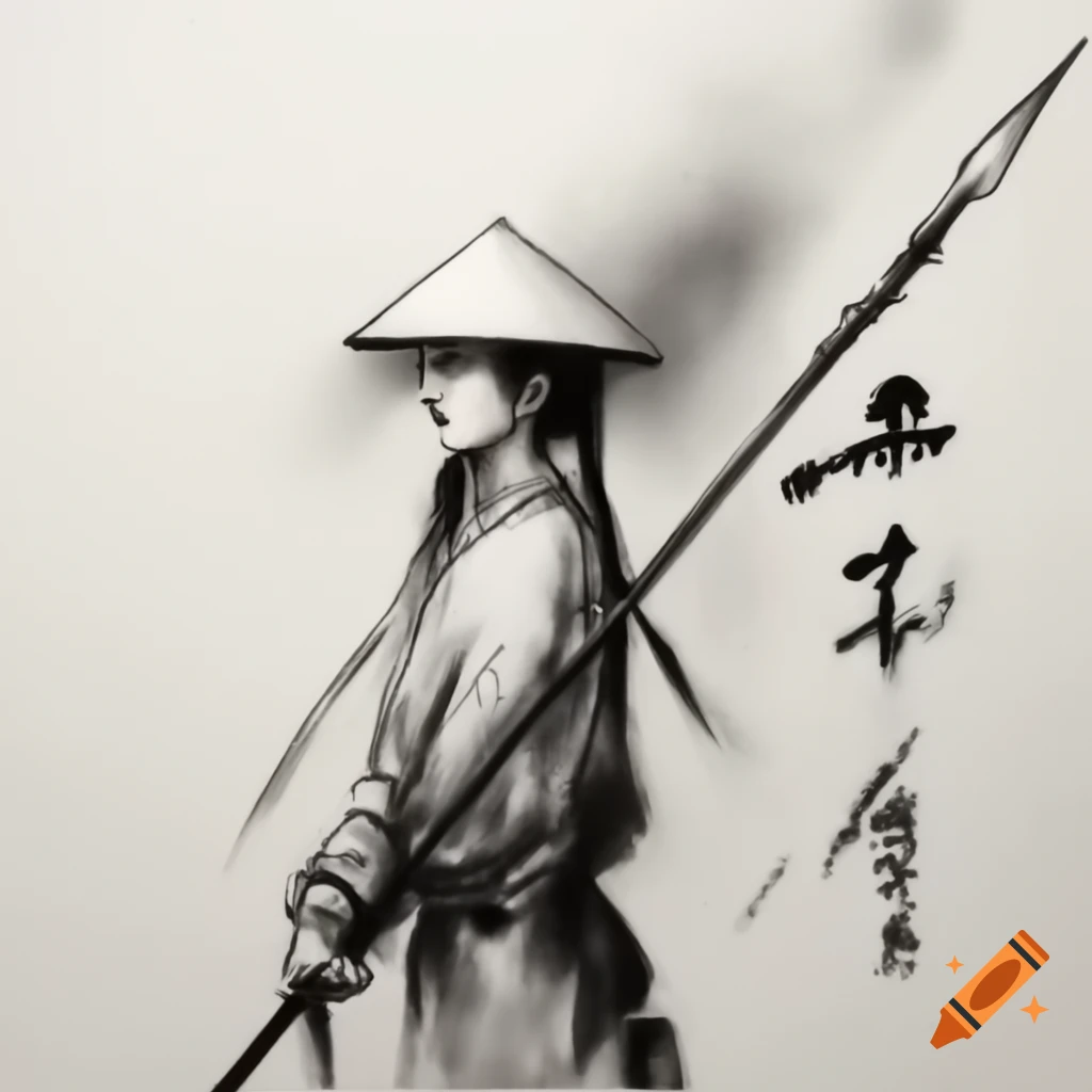 Ink painting of a traditional Chinese long spear