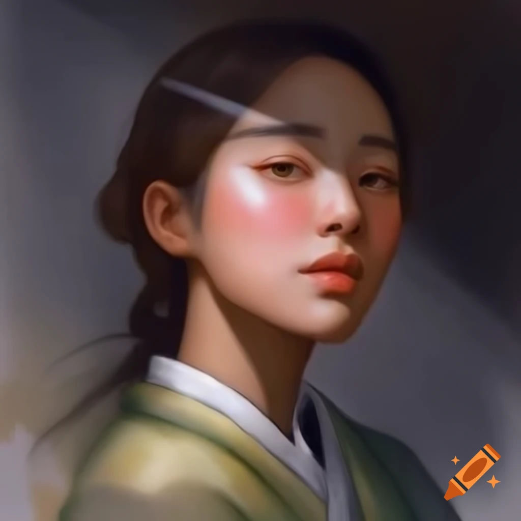 Detailed digital watercolor portrait of a charming Korean woman