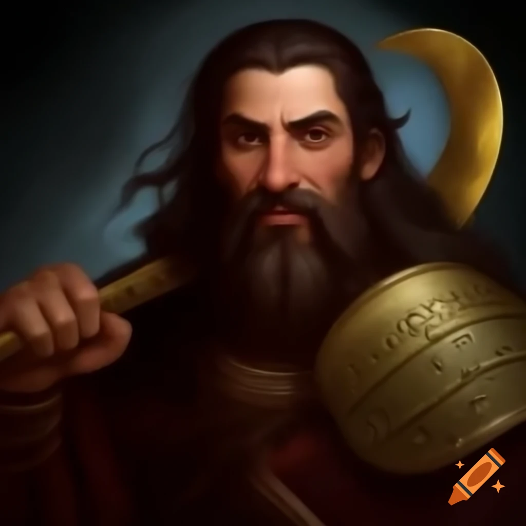 Portrait of Alfred Molina as medieval alchemist holding brass sickle