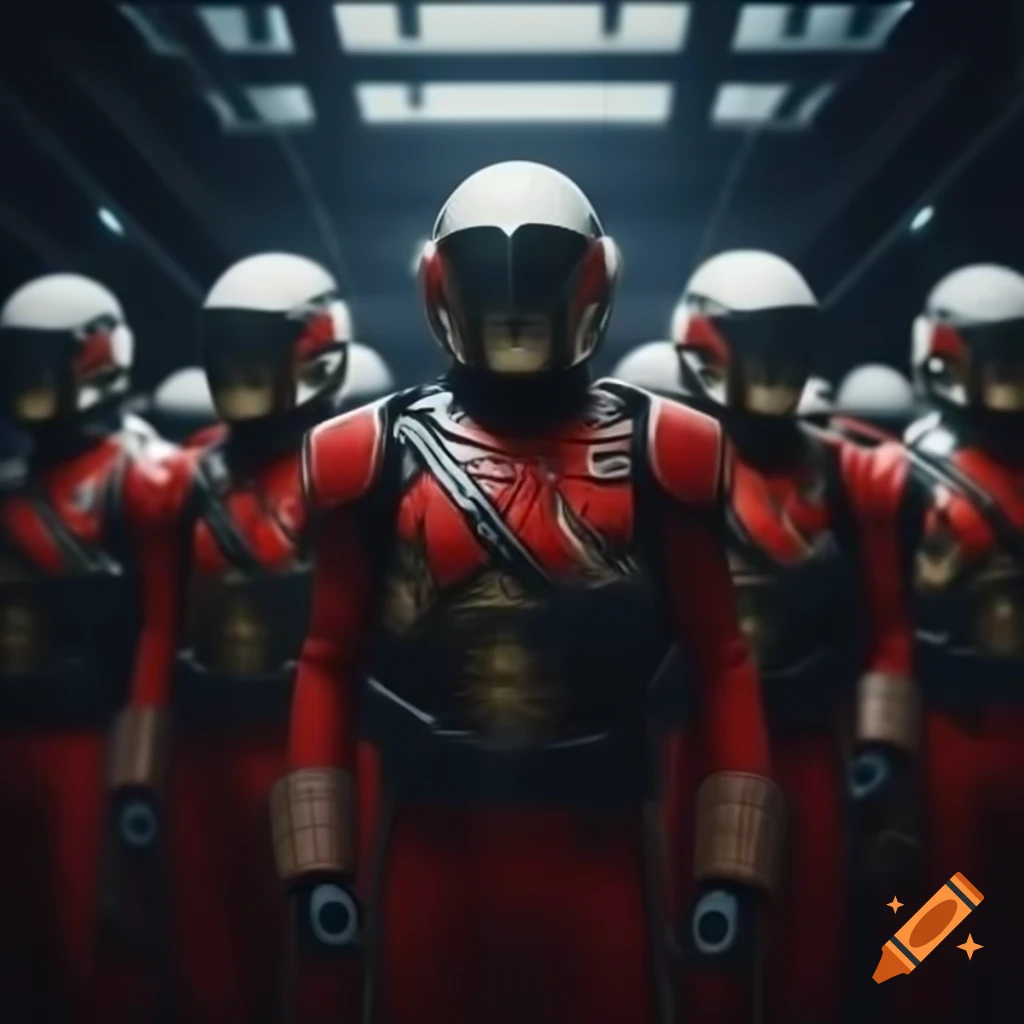 Futuristic Chancellery Guards of Gallifrey in red and white caped uniforms charging with powers