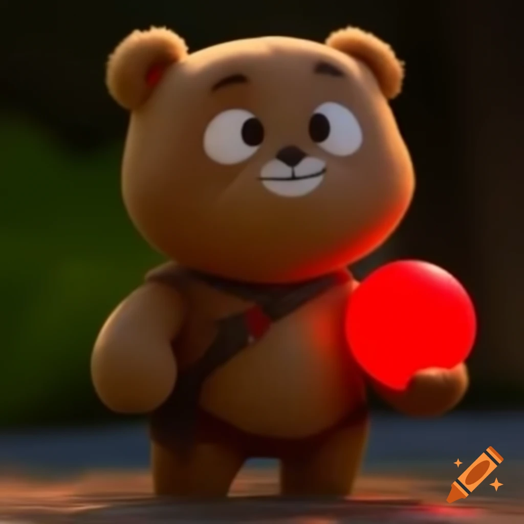 Tiny teddy bear holding bright red ball, ready for play