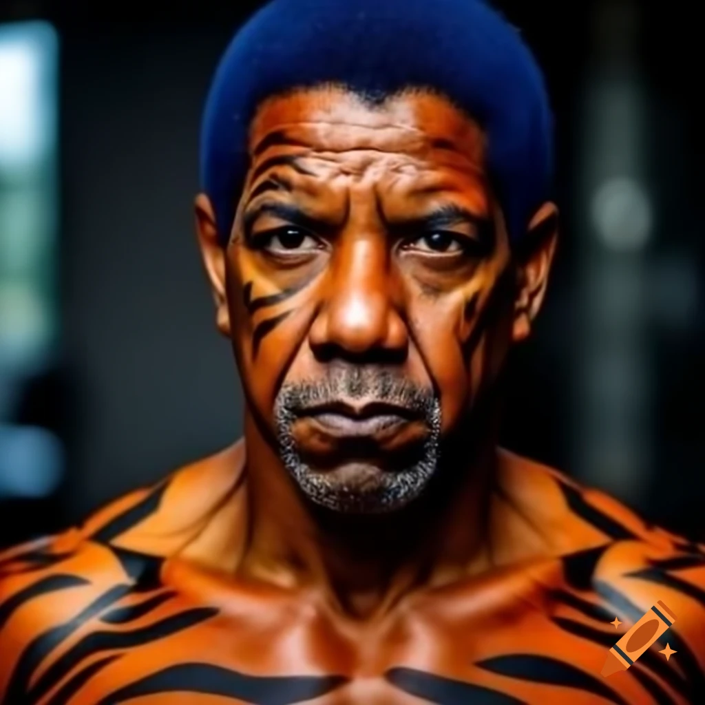 Muscular figure with tiger-style makeup featuring blue hair and orange skin with black stripes