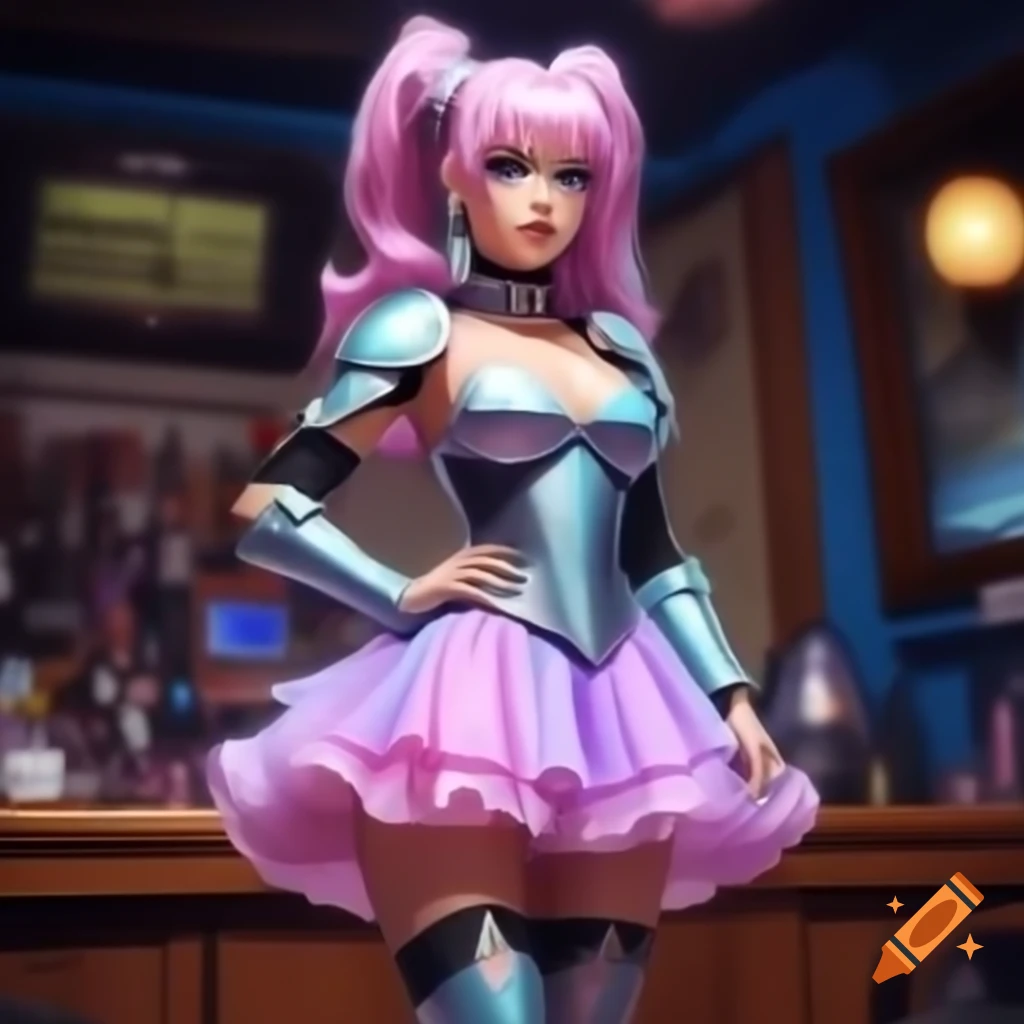 Anime woman in pastel prom dress with armor at drag club