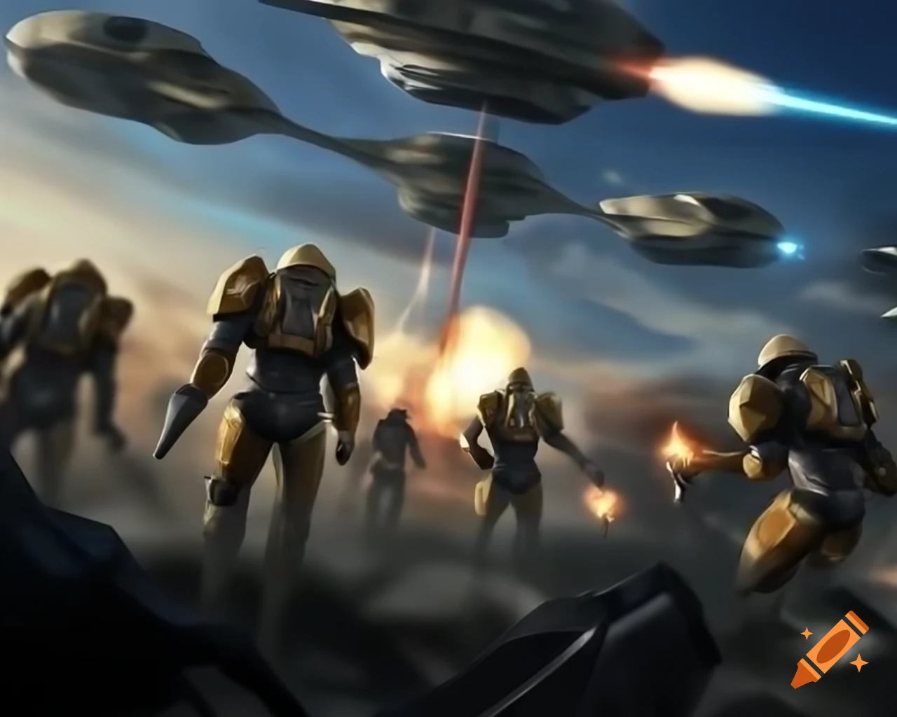Sci-fi battle between grey and gold armored soldiers with exploding spaceships in the sky, digital art