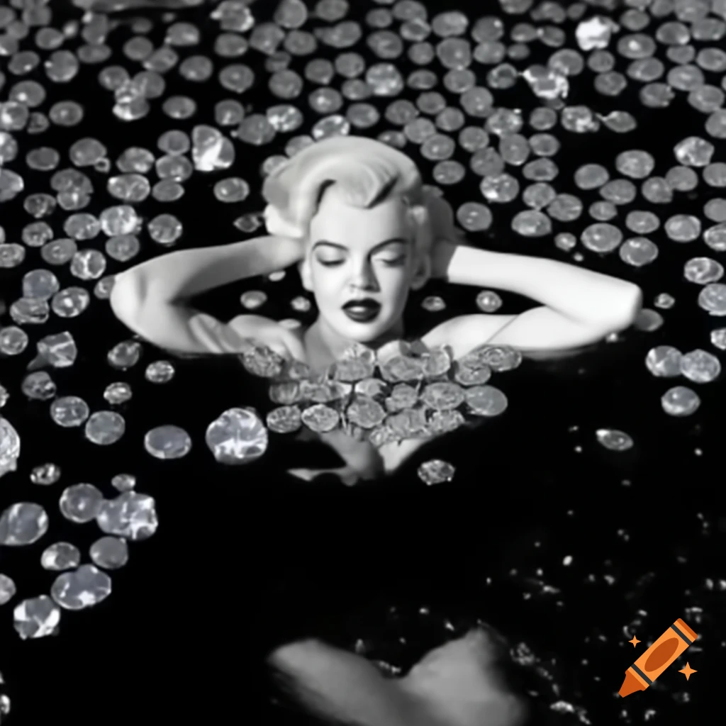 Marilyn Monroe lounging in black water with diamonds