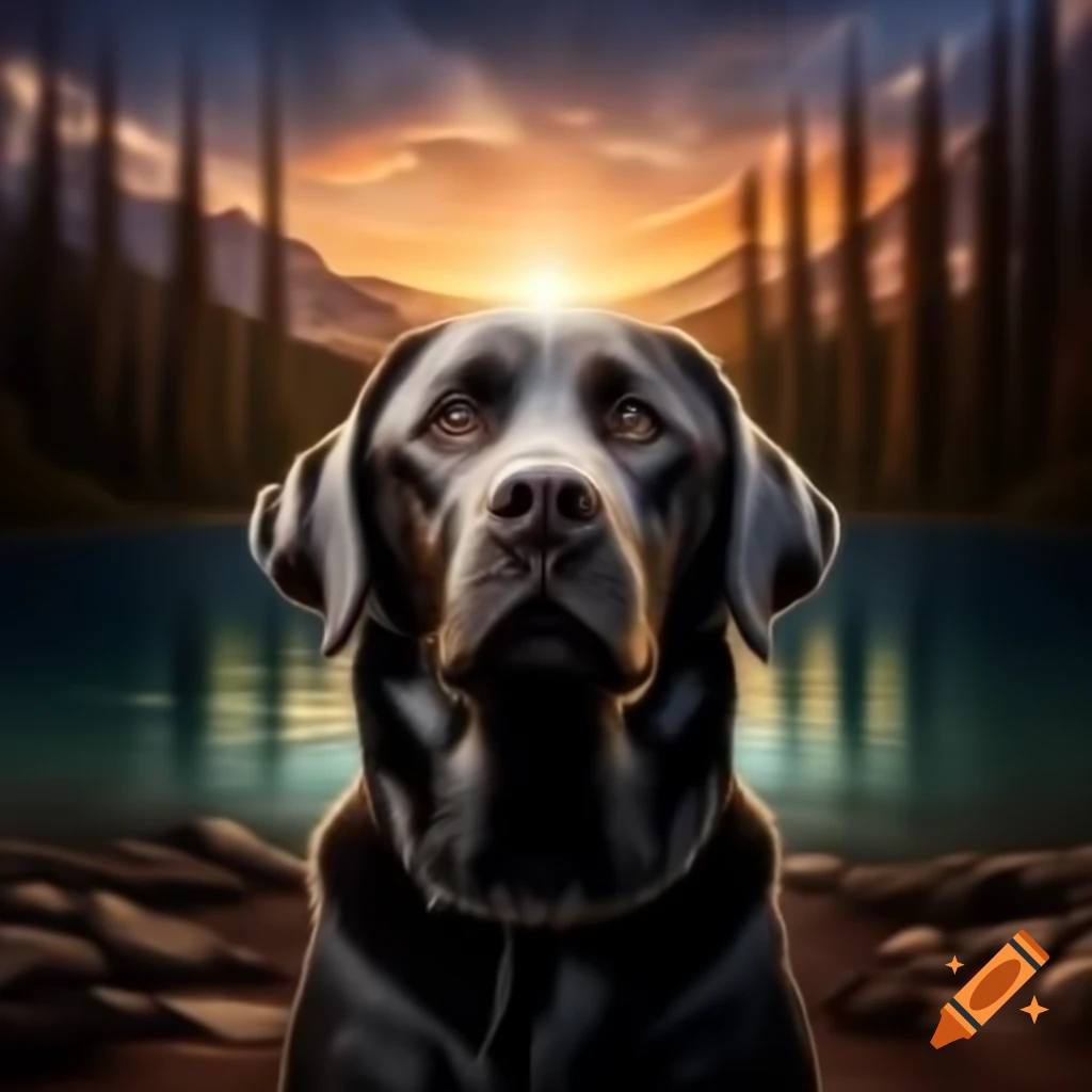 Black Labrador Retriever in forest with trees, front view