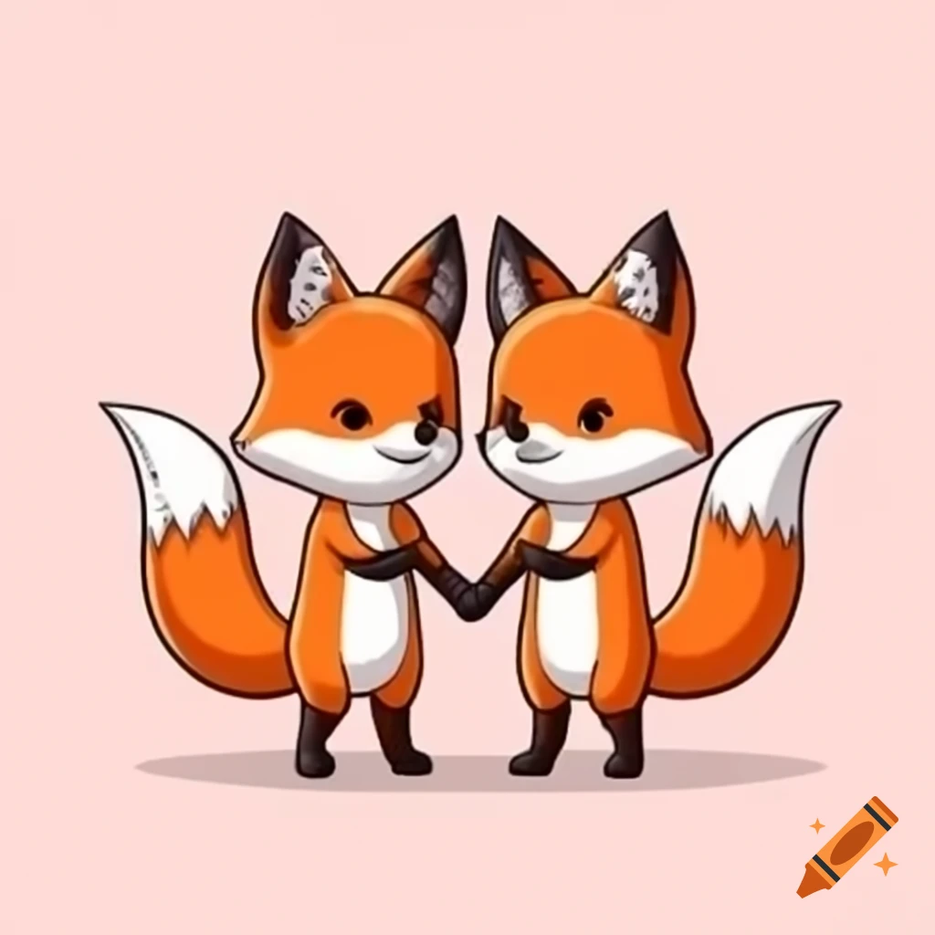 Two foxes holding hands from behind, showcasing their tails