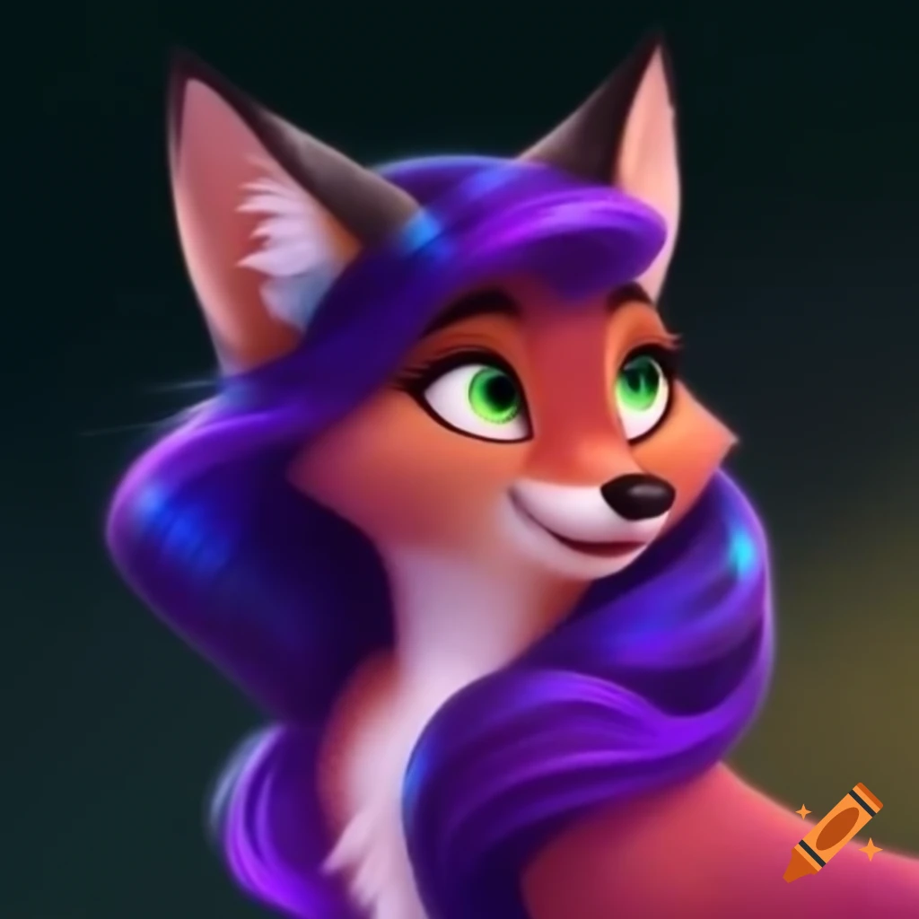 Charming Disney-style fox with iridescent purple and emerald-haired features