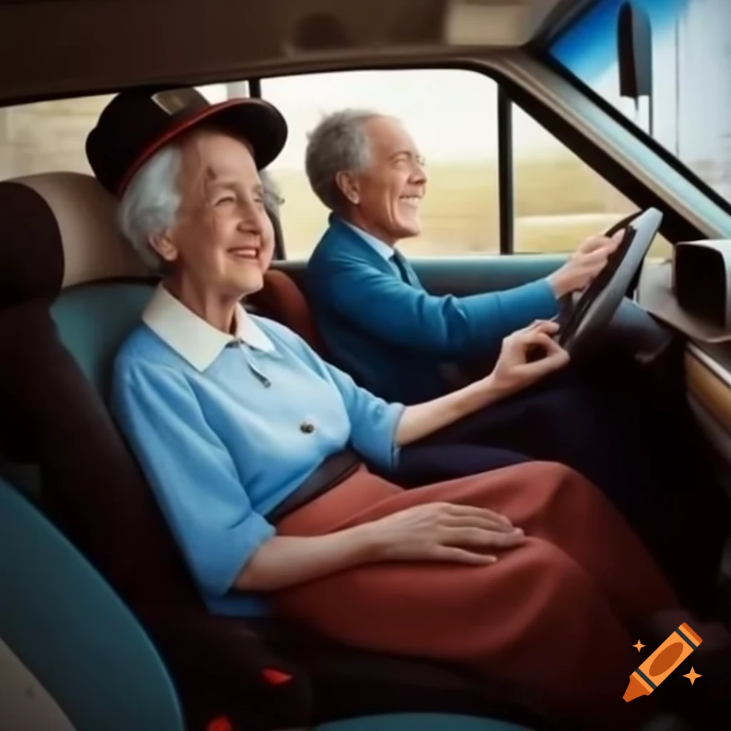 Happy old woman in passenger seat with young man driving car, super realistic