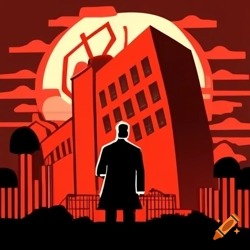 Constructivist avant-garde art featuring Lenin with building in background