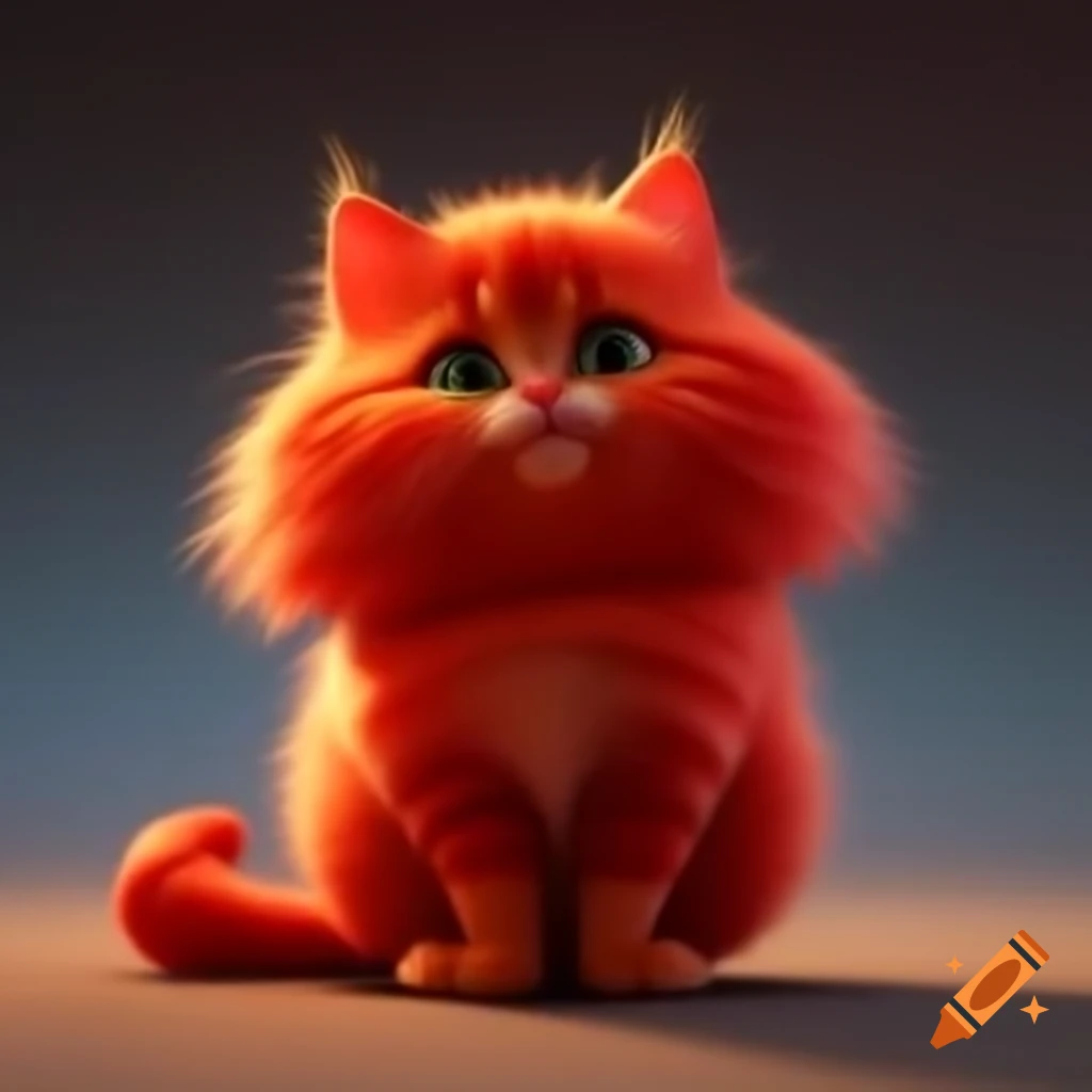 Bright red fluffy kitten standing in 3D cartoon style