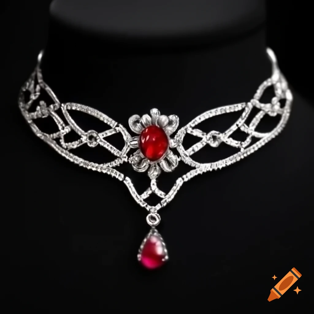 Gothic style choker design inspired by cymatic patterns with red ruby