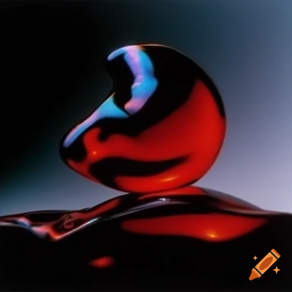 Pop surreal photography featuring iridescent red glass statue