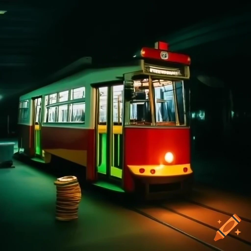 Tram with green underlighting making circular patterns on the ground