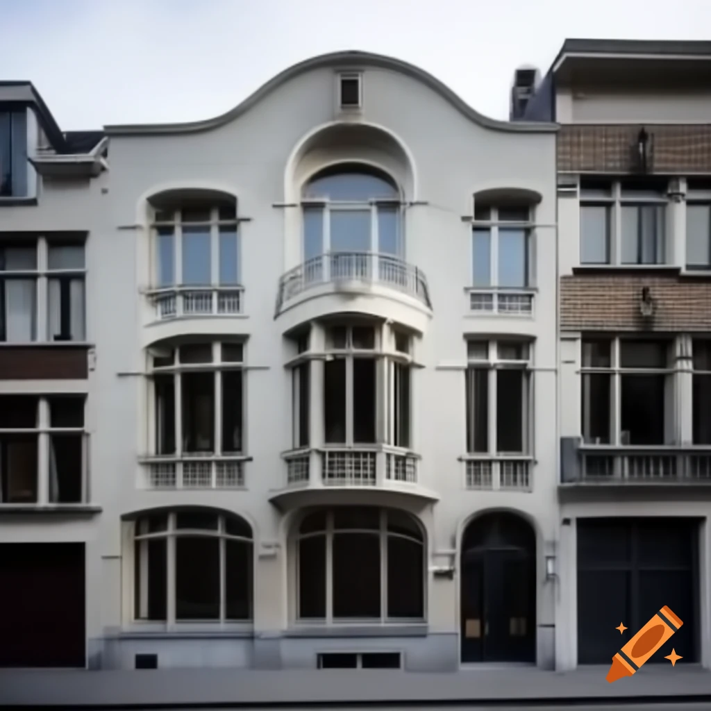Brussels Art Nouveau house with round window and stone wrought iron façade