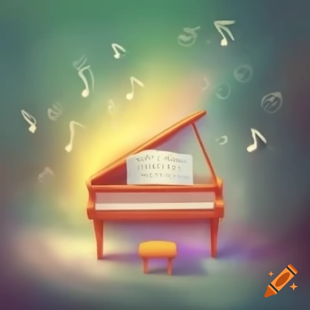 Baby grand piano with music notes flowing out
