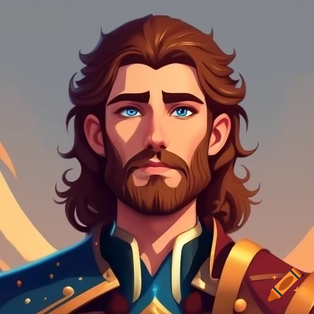 Noble man with magic gauntlet, brown hair and goatee, blue eyes