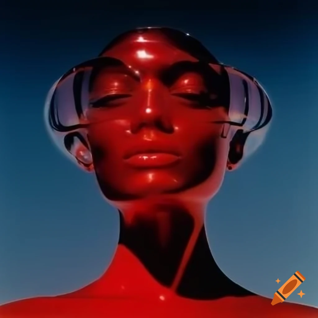 Pop surreal photography featuring iridescent red glass statue