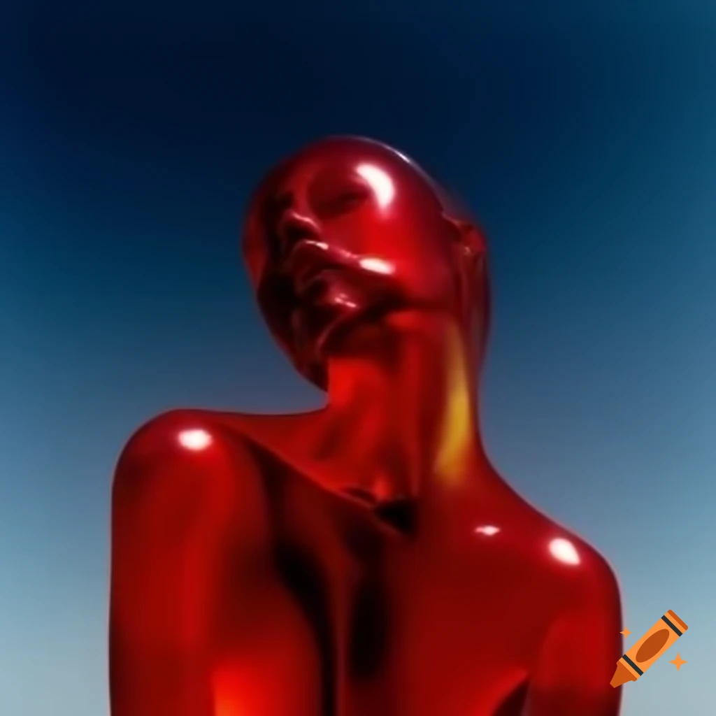 Iridescent red glass statue in pop surrealist 2000's photography