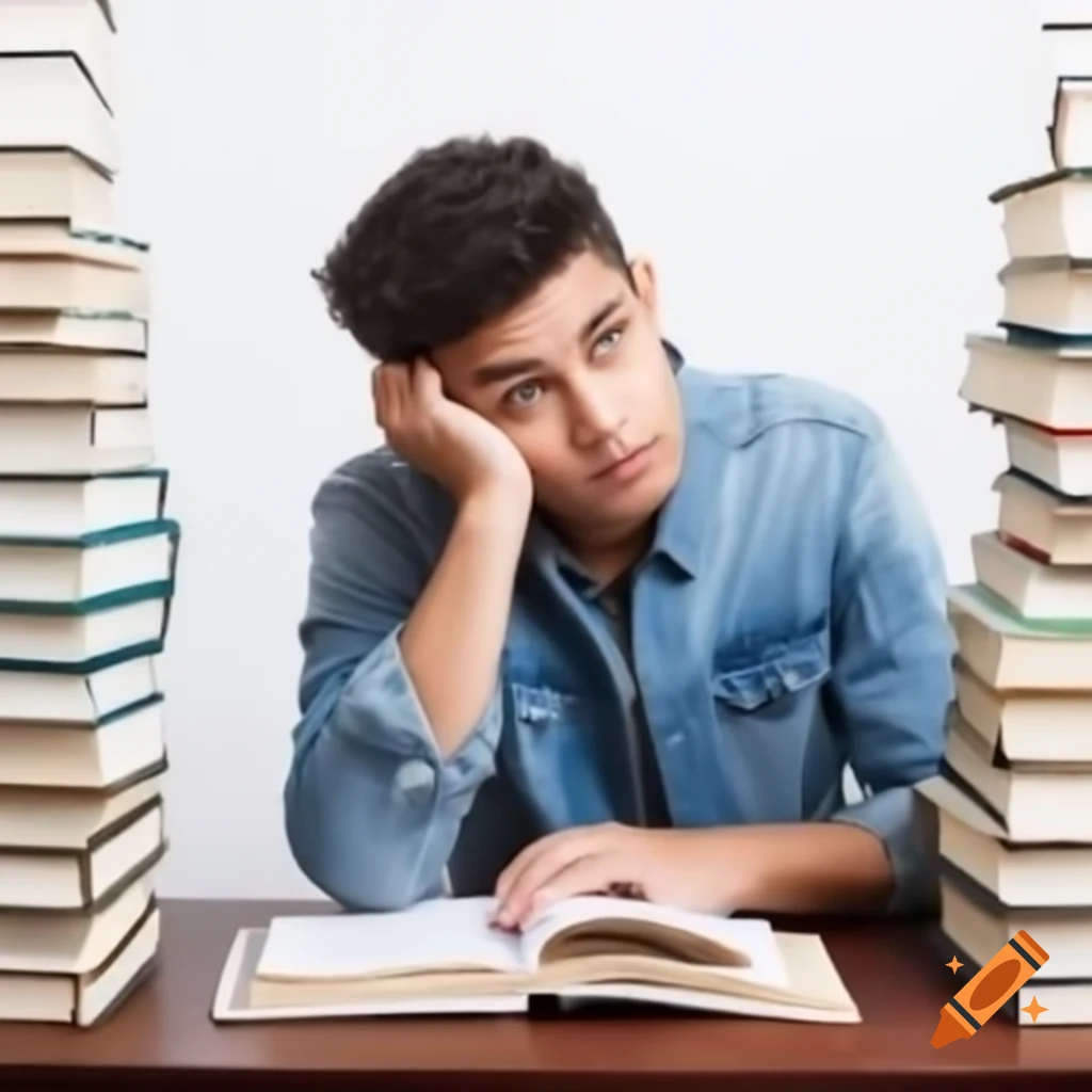 Curious young student sitting at desk with books and laptop