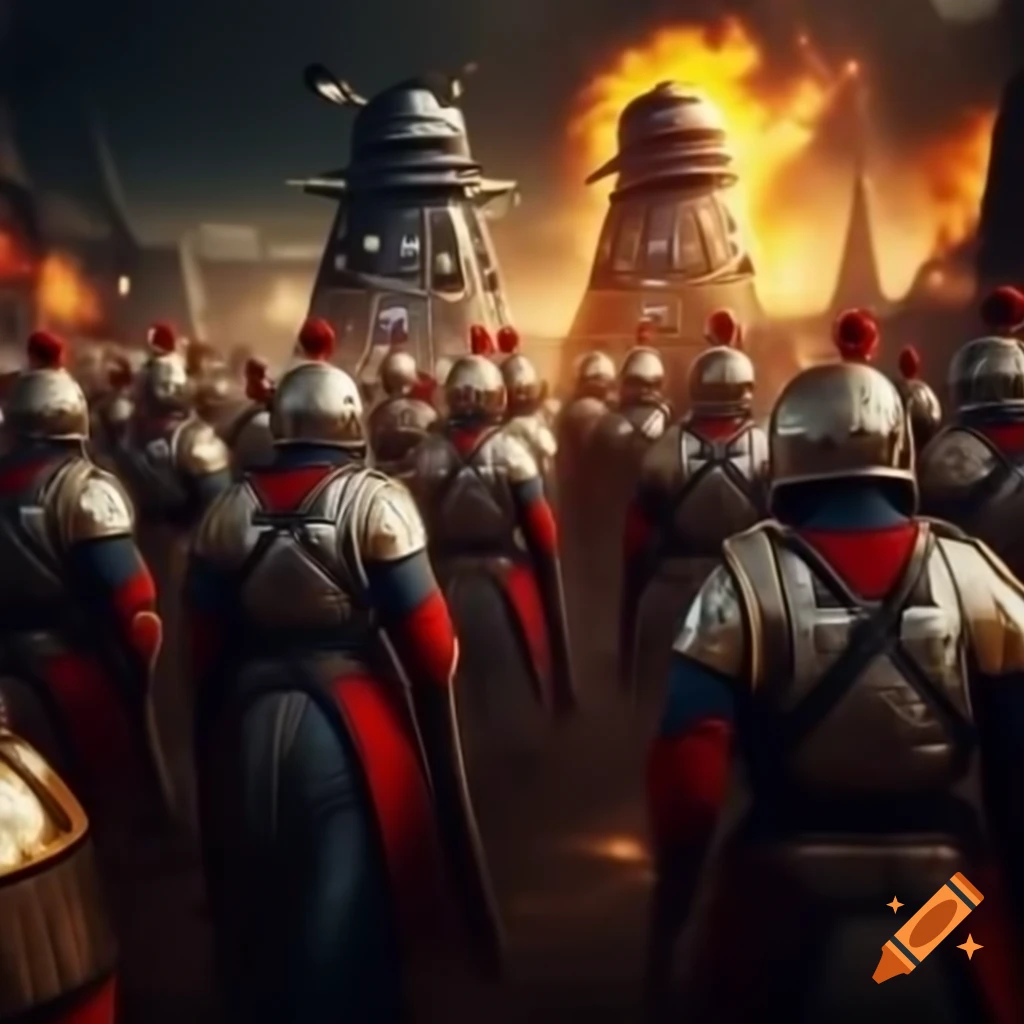 Chancellery Guard of Gallifrey charging into futuristic citadel against Daleks surrounded by vortex energy