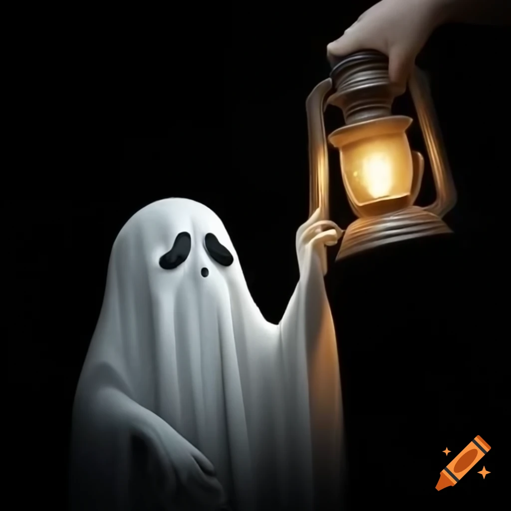 Ghost holding lantern against black background