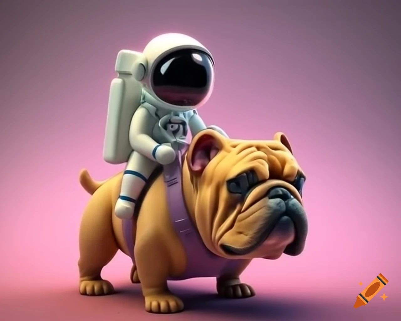 Kawaii astronaut riding a large bulldog in 3D render