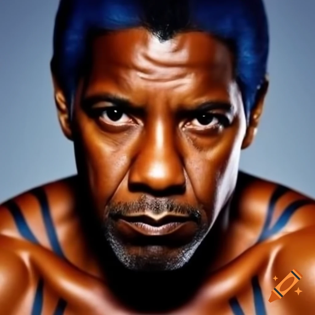 Muscular figure resembling Denzel Washington with tiger-style makeup featuring blue hair and orange skin