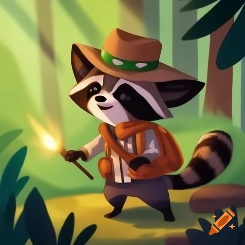 Raccoon with singed ranger hat and lit match in woods, Smokey Bear style