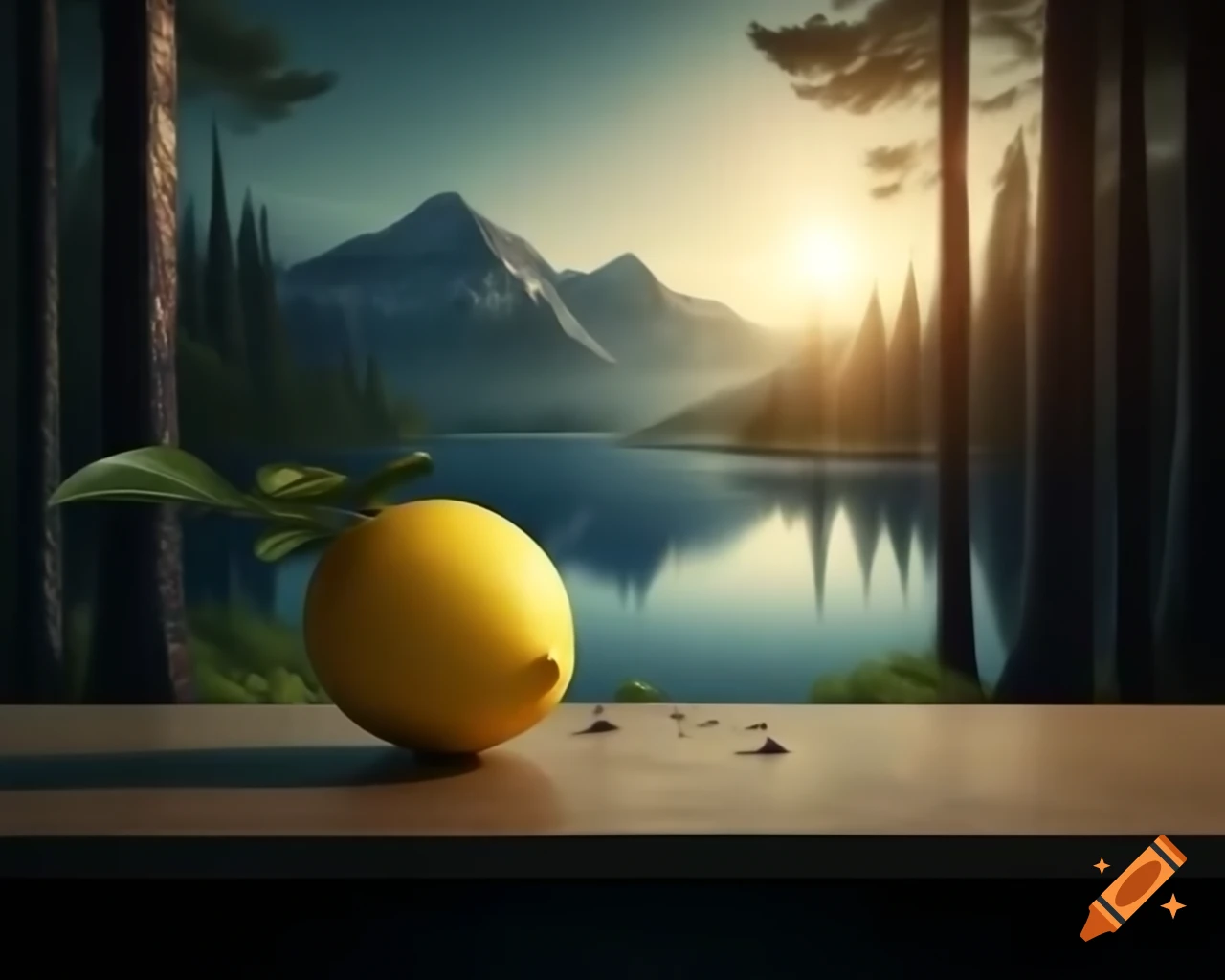 Surreal sculpture of Lemon Monster with human face in a forest setting